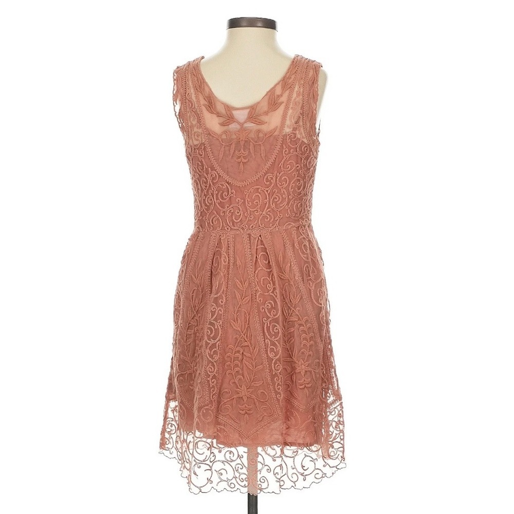 Anthropologie At Dusk Dress Sz 6 Dusty Rose Lace Embroidered Fit & Flare - Picture 6 of 14